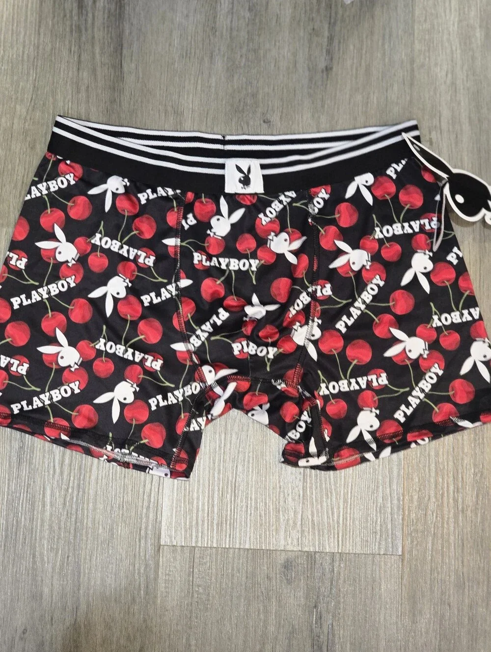 PLAYBOY Bunny Cherry Print Stripe Band Boxer Briefs